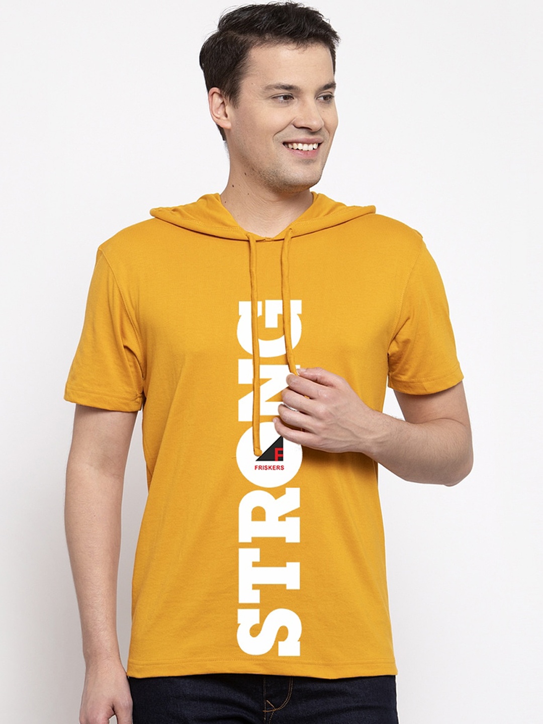 

Friskers Men Mustard Printed Hood T-shirt
