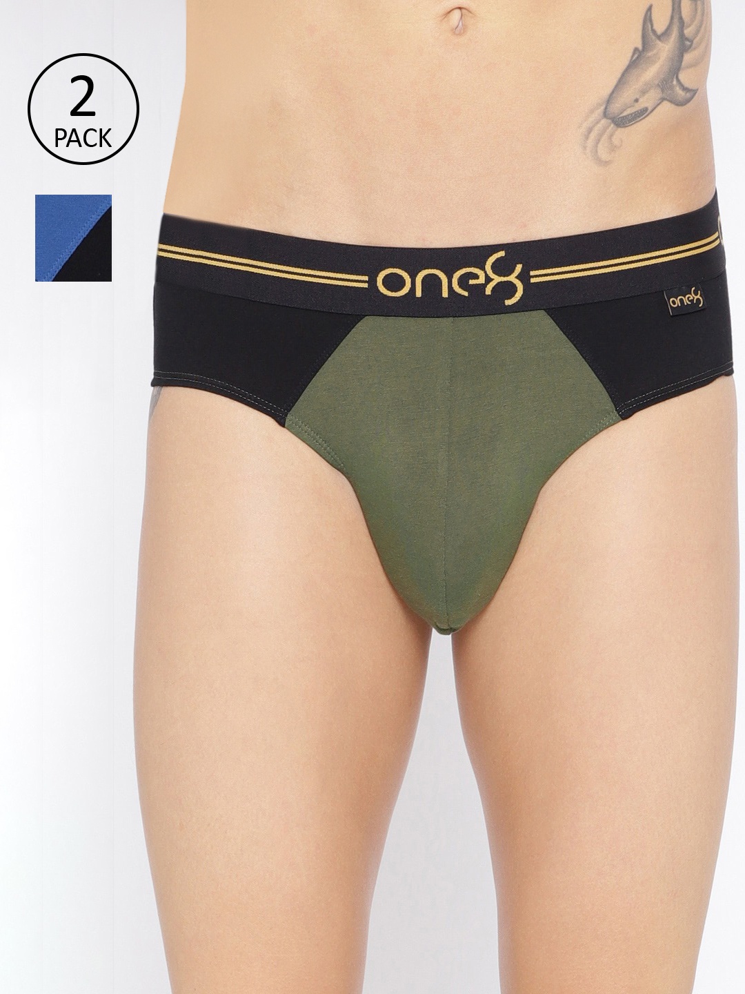 

one8 by Virat Kohli Men Pack of 2 Colourblocked Premium Cotton Stretch Briefs 204-PO2, Olive
