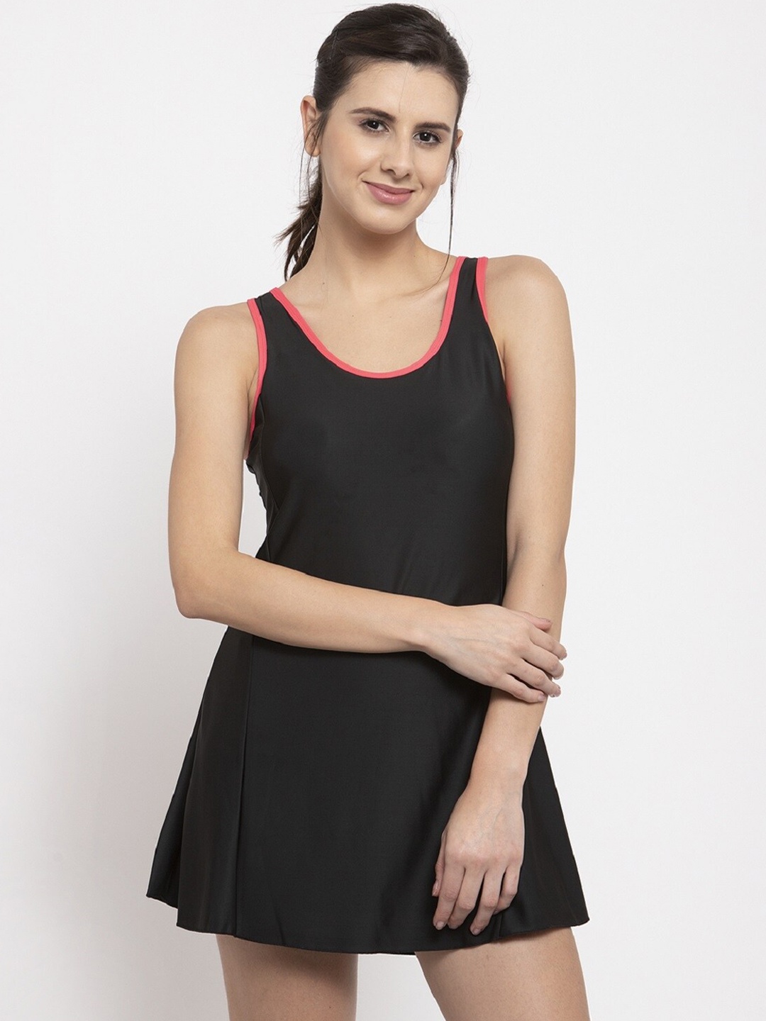 

CUKOO Women Solid Black & Neon Pink Border Single Piece Swimwear with Attached shorts