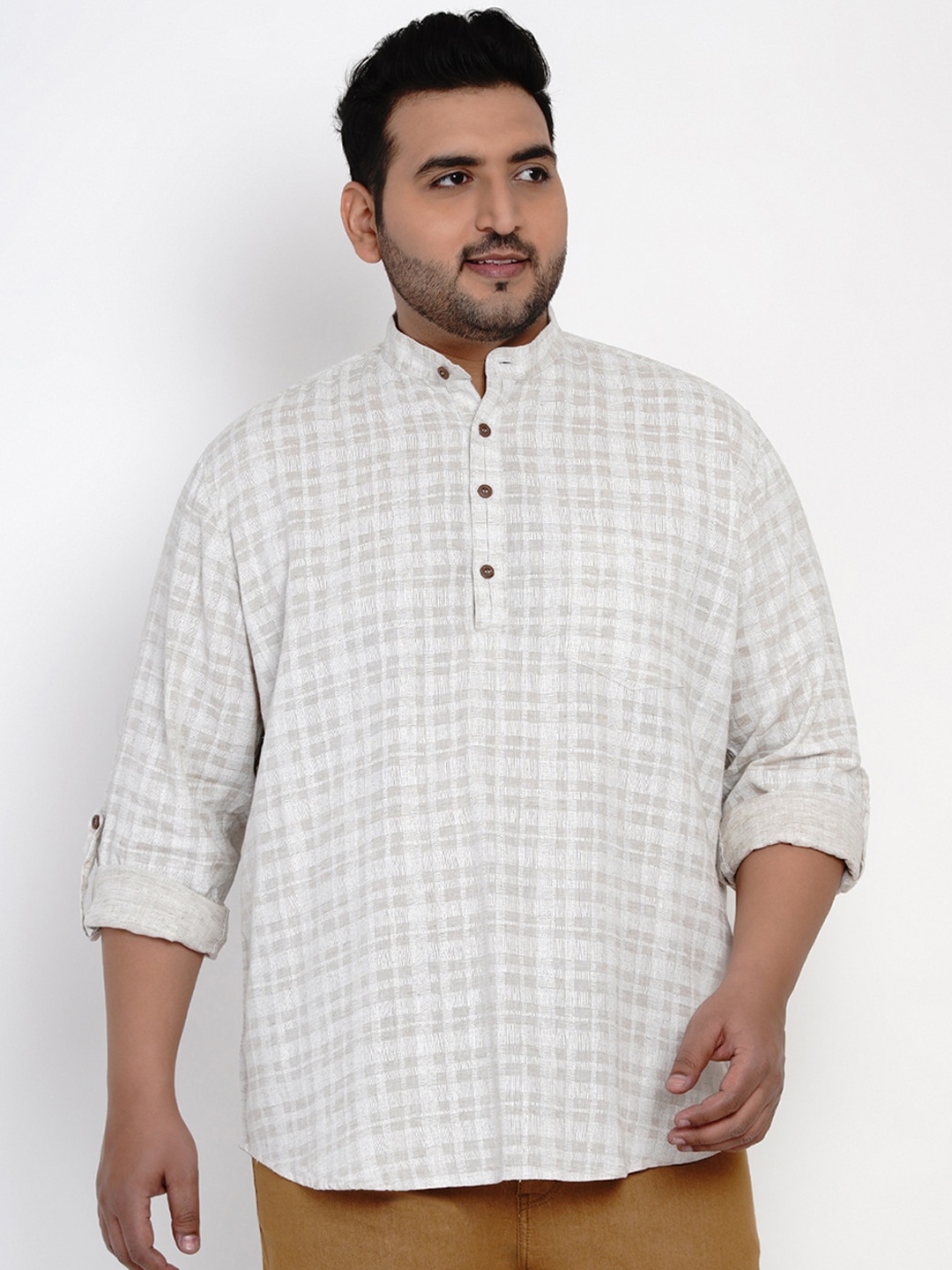 

Plus Size Men Cream-Coloured & Beige Regular Fit Checked Casual Shirt