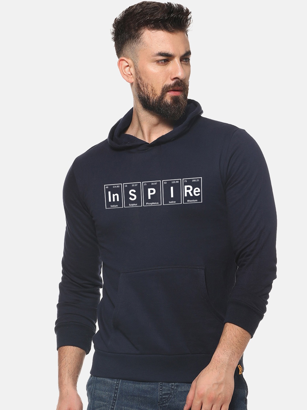 

Campus Sutra Men Navy Blue Printed Hooded Sweatshirt