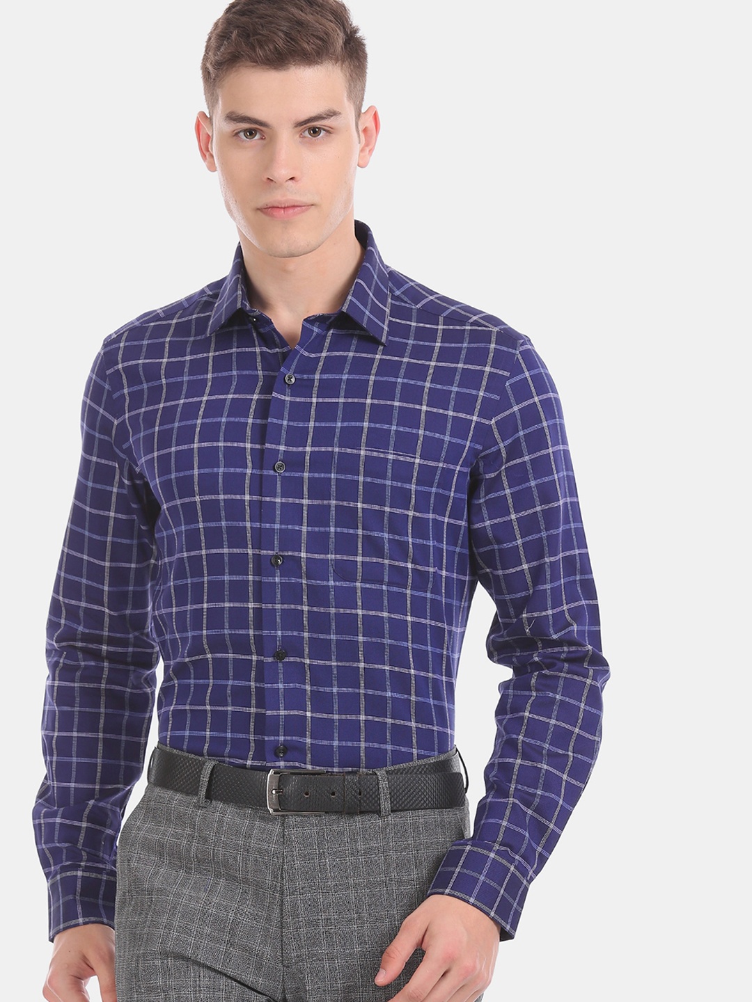 

Arrow Men Navy Blue & White Slim Fit Checked Formal Shirt