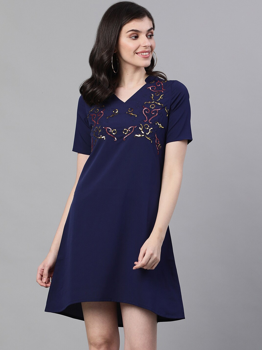 

Ishin Women Navy Blue Embellished A-Line Dress
