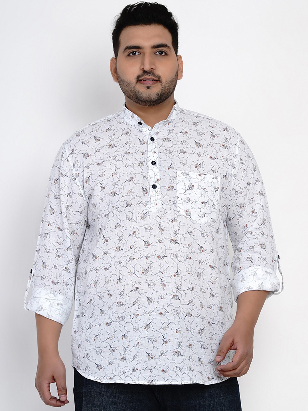 

John Pride Men White & Navy Blue Regular Fit Printed Plus Size Casual Shirt