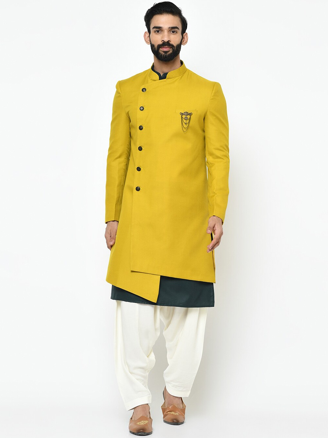 

KISAH Men Solid Indowestern Sherwani Set, Mustard