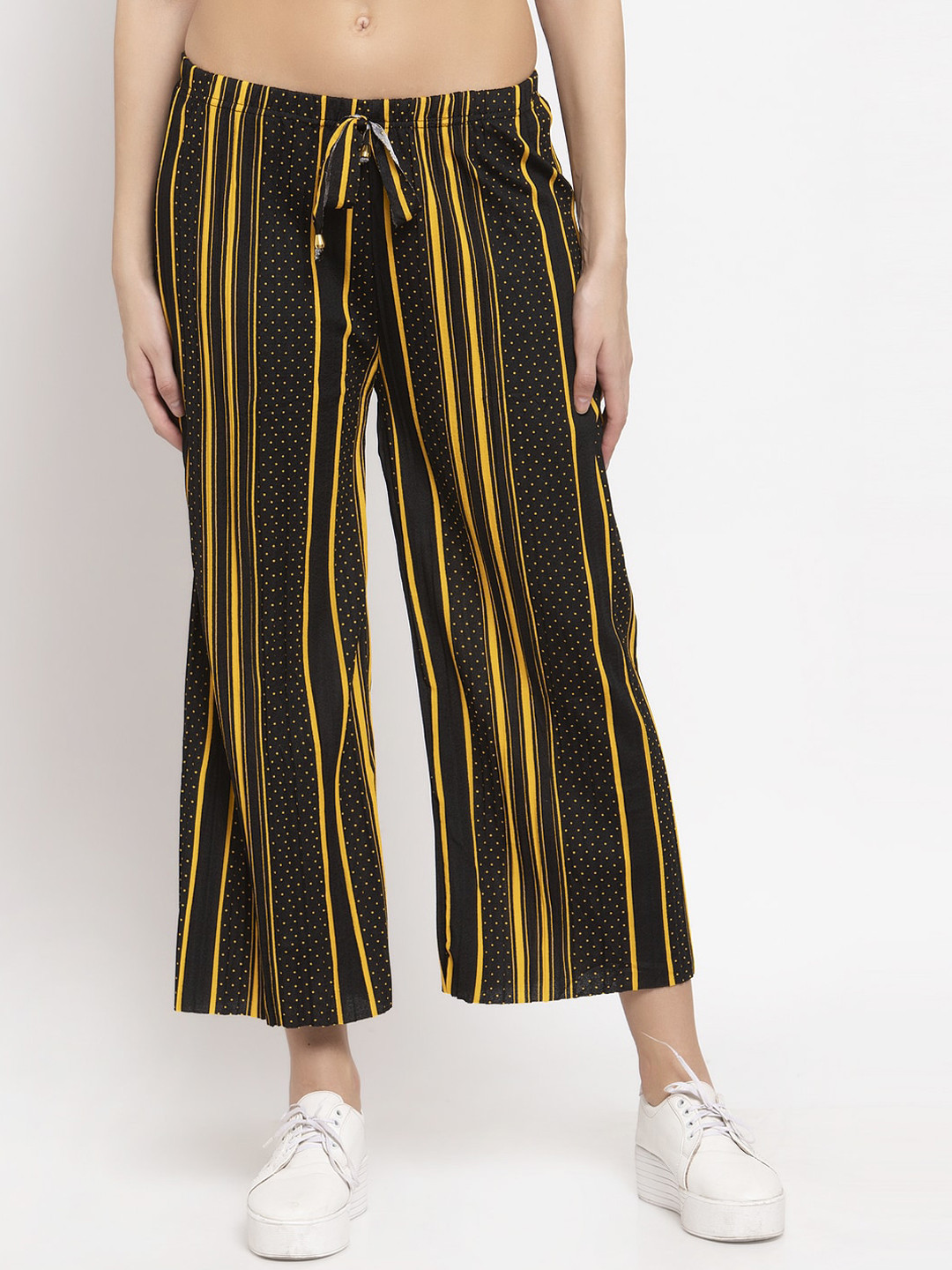 

KLOTTHE Women Black & Orange Striped Wide-Leg Palazzo