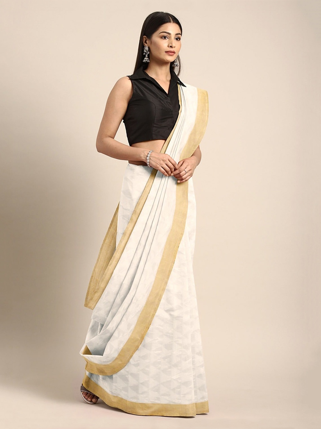 

Mitera White & Gold-Toned Pure Silk Printed Taant Saree