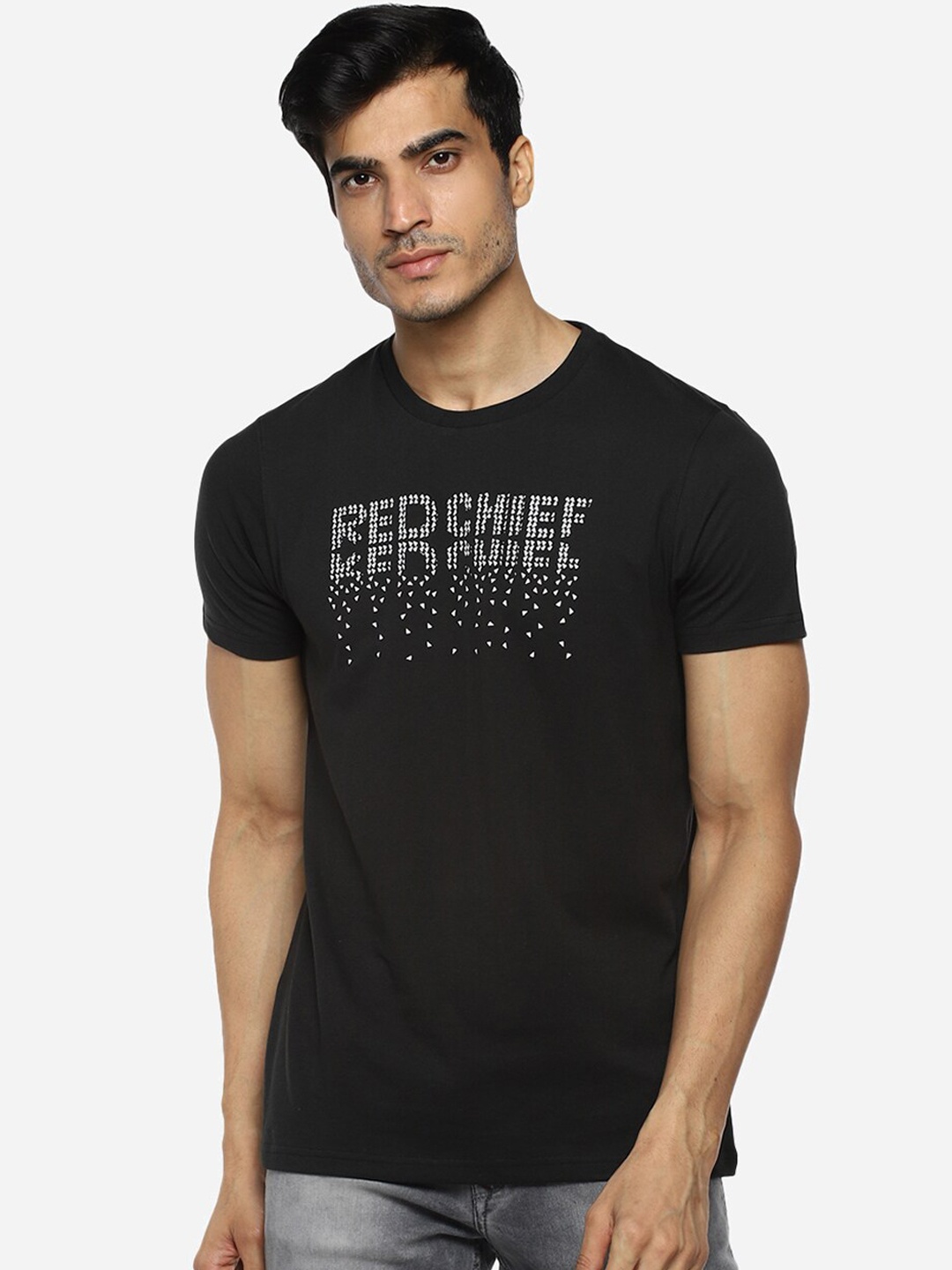 

Red Chief Men Black Printed Round Neck T-shirt