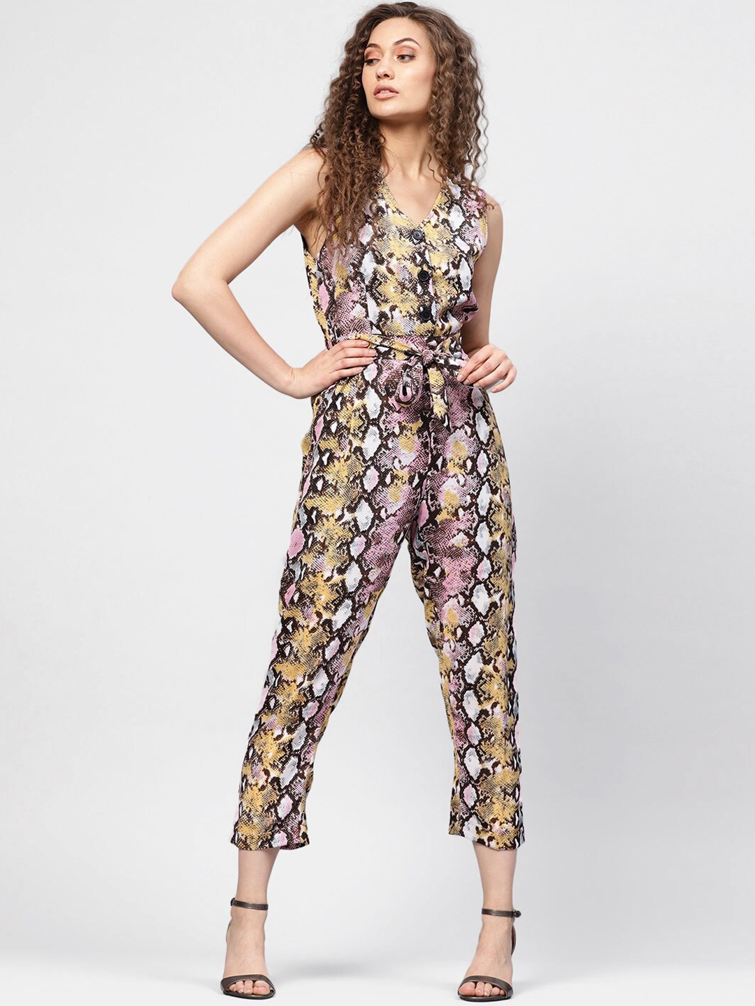 

DIVA WALK EXCLUSIVE Women Pink & Yellow Snakeskin Printed Cropped Basic Jumpsuit