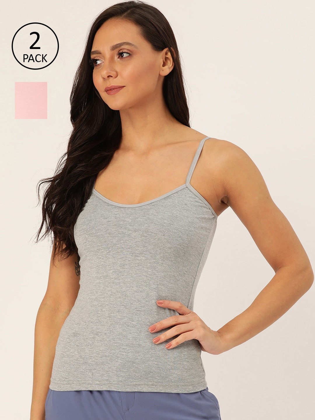 Lady Lyka Women Pack of 2 Solid Camisoles, Grey melange