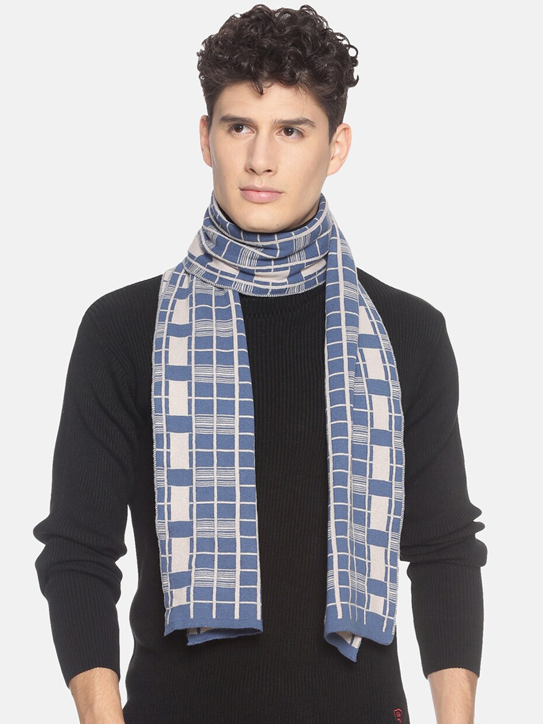 

513 Men Beige & Red Woven Design Mufflers, Blue