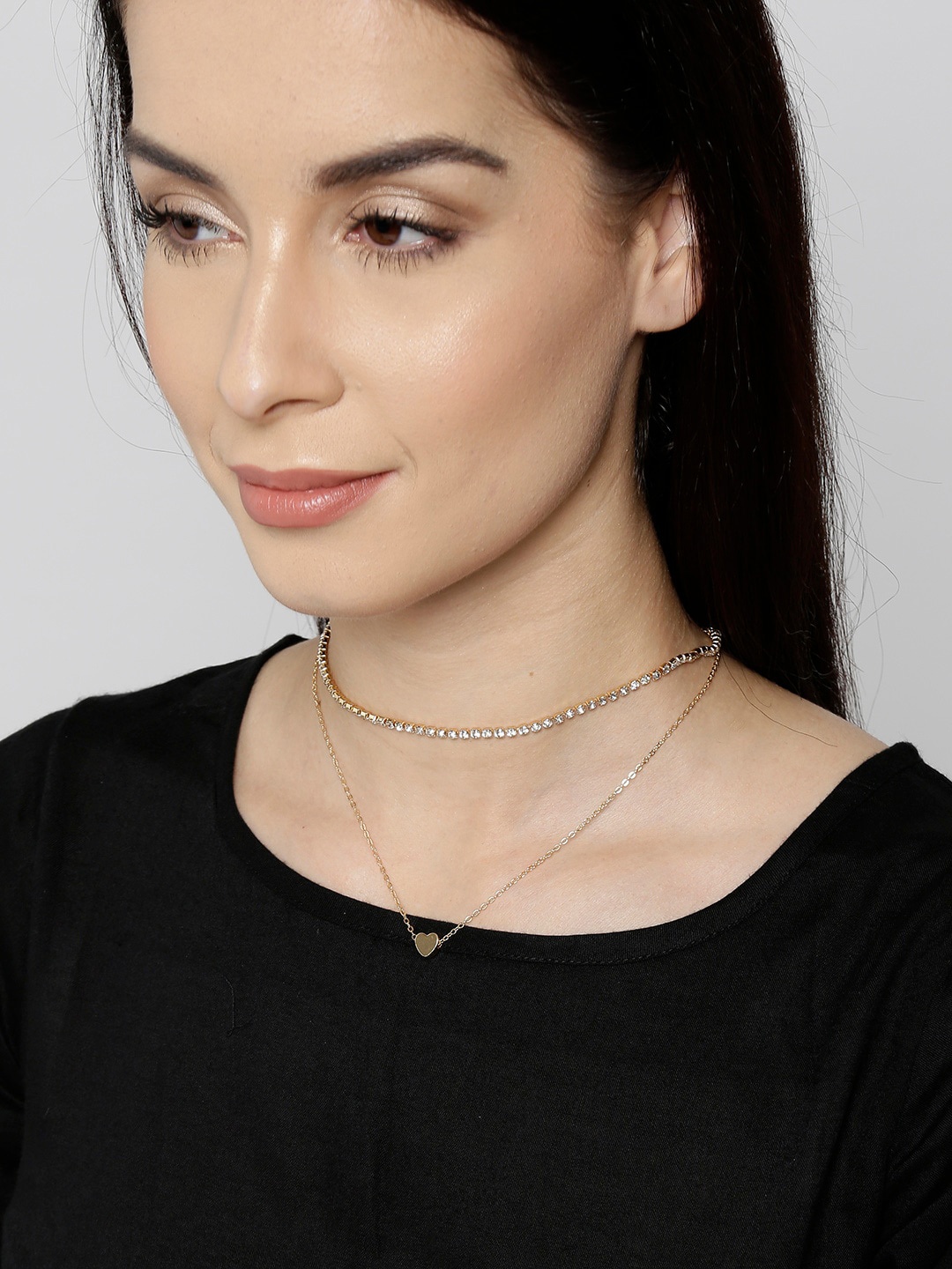 

OOMPH Gold-Toned & White Crystal-Studded Multilayered Choker Necklace
