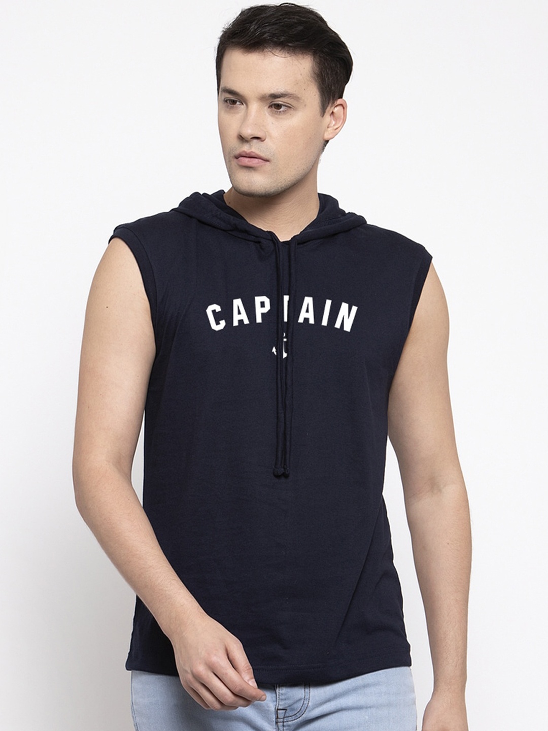 Friskers Men Navy Blue Printed Hood T-shirt