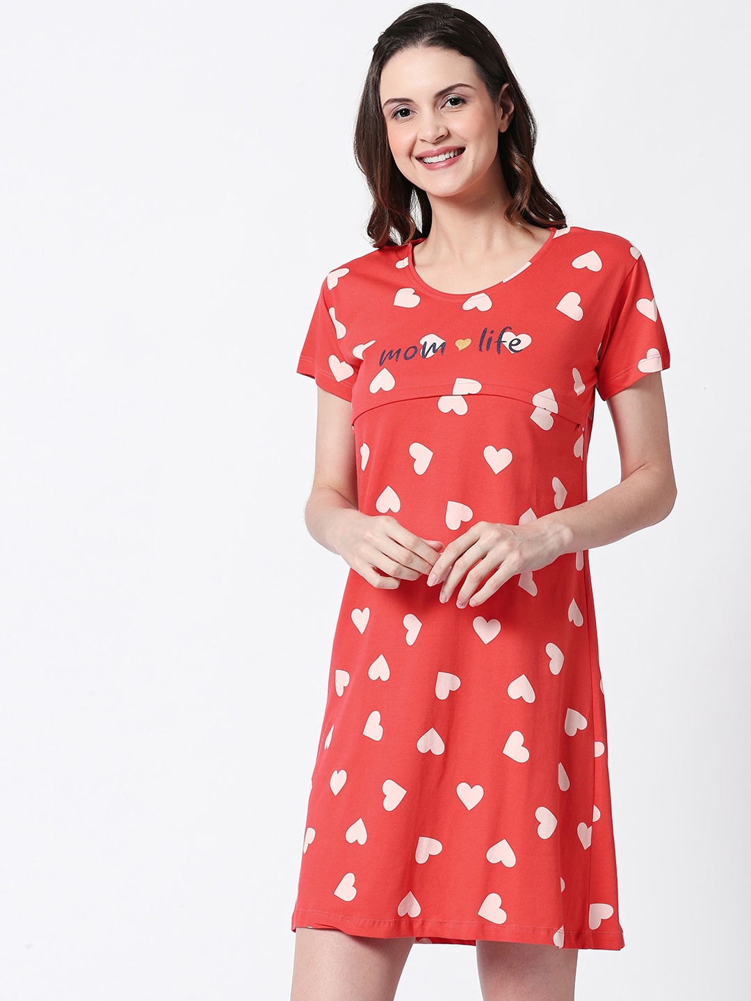 

Zeyo Women Coral Red &White Pure Cotton Printed Nursing & Feeding Sleep Shirts