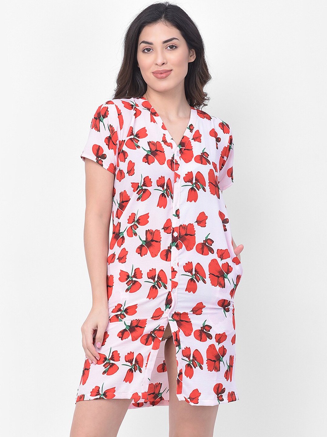 

Clovia Women White & Red Printed Crepe Nightdress