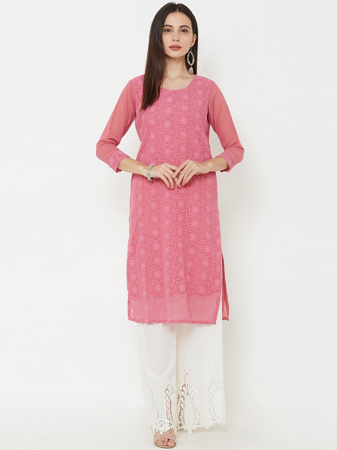 

FASHOR Women Pink Woven Design Straight Kurta