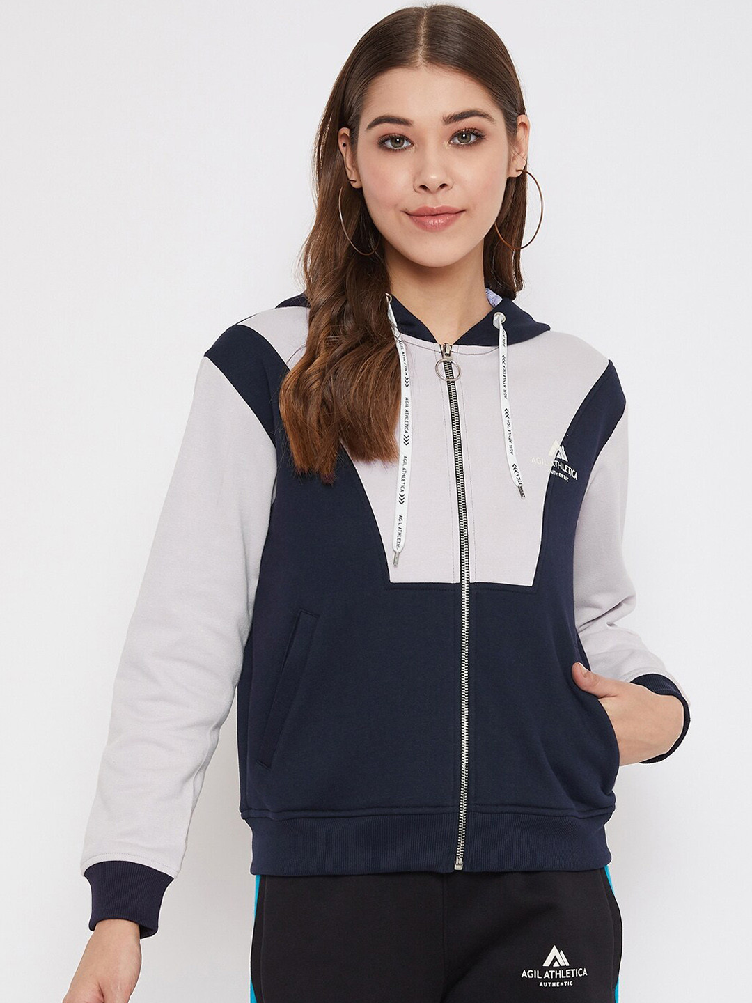 

AGIL ATHLETICA Women Navy Blue & Grey Colourblocked Hooded Sweatshirt