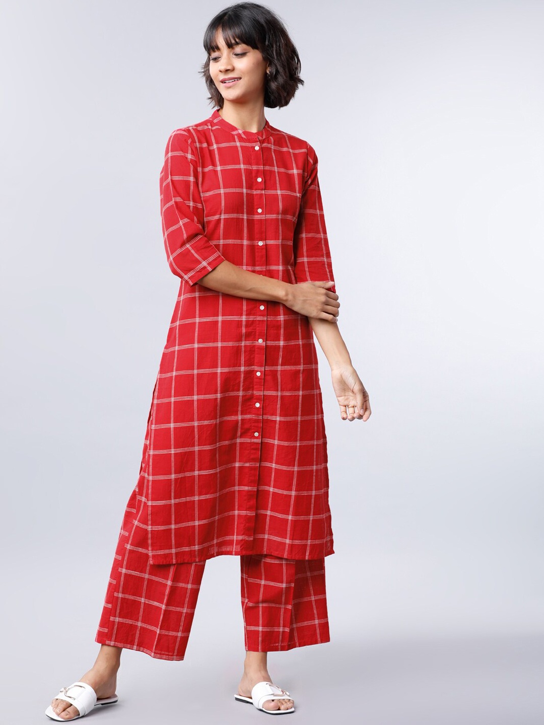 Vishudh Women Red & Off-White Checked A-Line Kurta