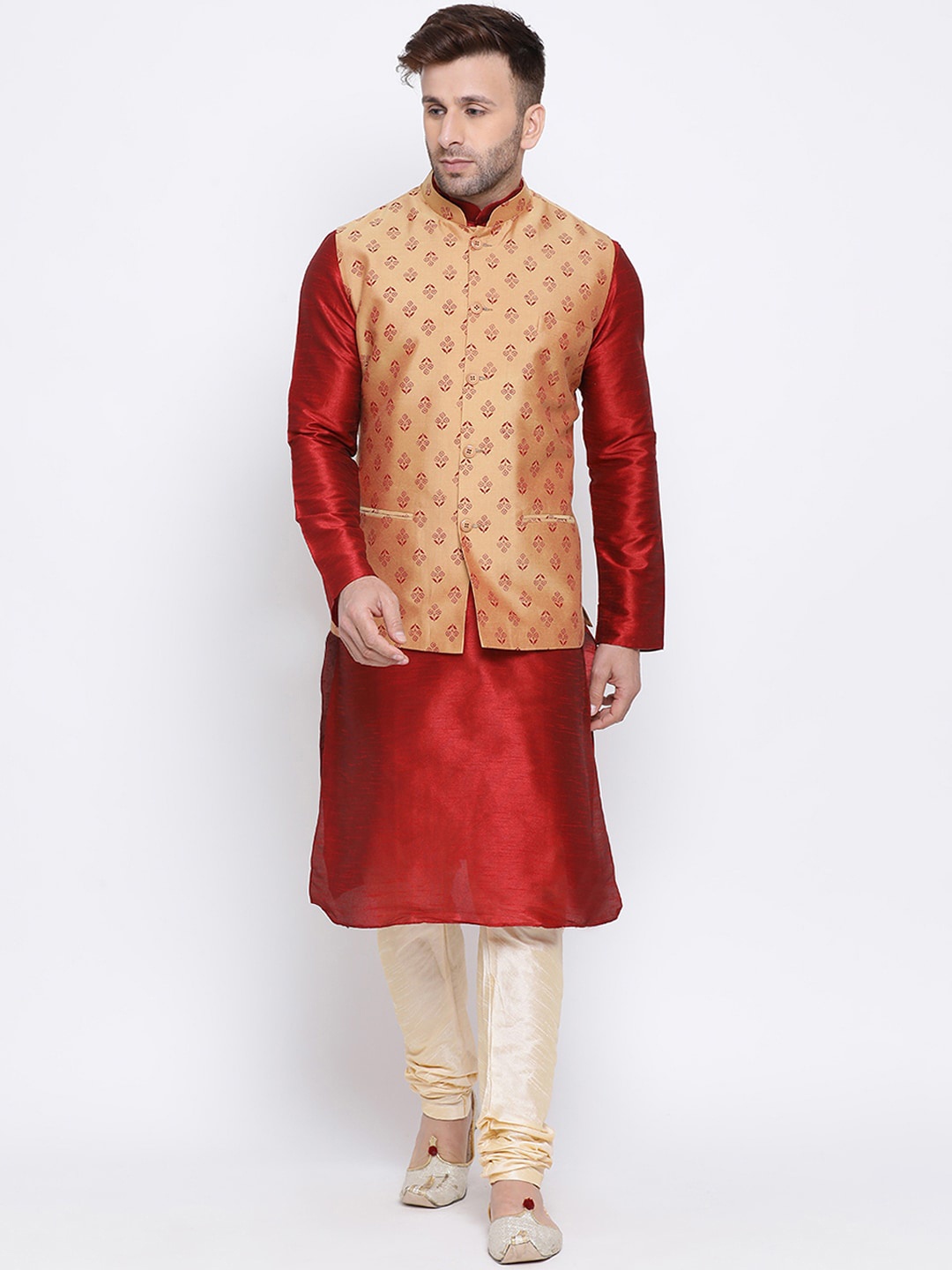 

NAMASKAR Men Maroon & Beige Self Design Kurta with Churidar & Nehru Jacket
