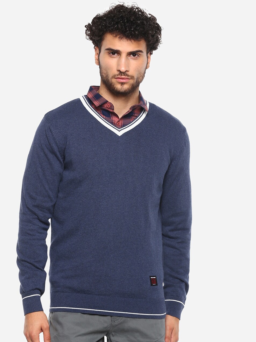 

Red Chief Men Navy Blue Solid Pullover Sweater