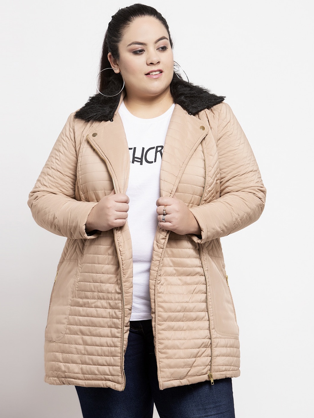 

plusS Women Beige Solid Longline Padded Jacket