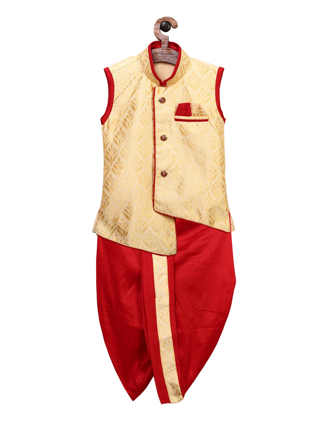 

Ridokidz Boys Cream-Coloured & Red Self Design Kurti with Dhoti Pants & Dupatta