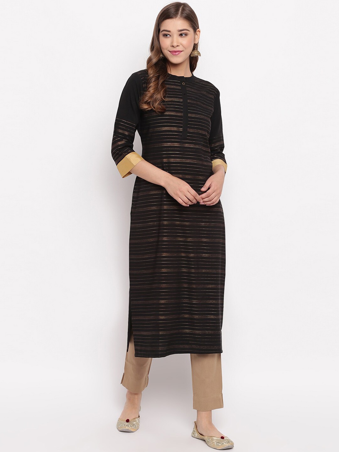 

Janasya Women Black Striped Straight Kurta