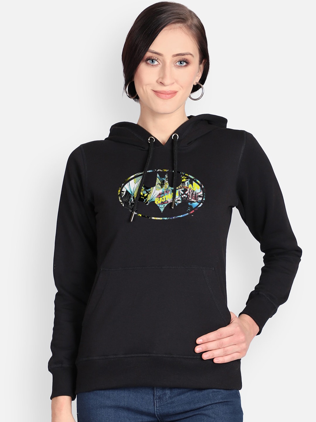 Free Authority Women Black & Yellow Batman Printed Hooded Sweatshirt