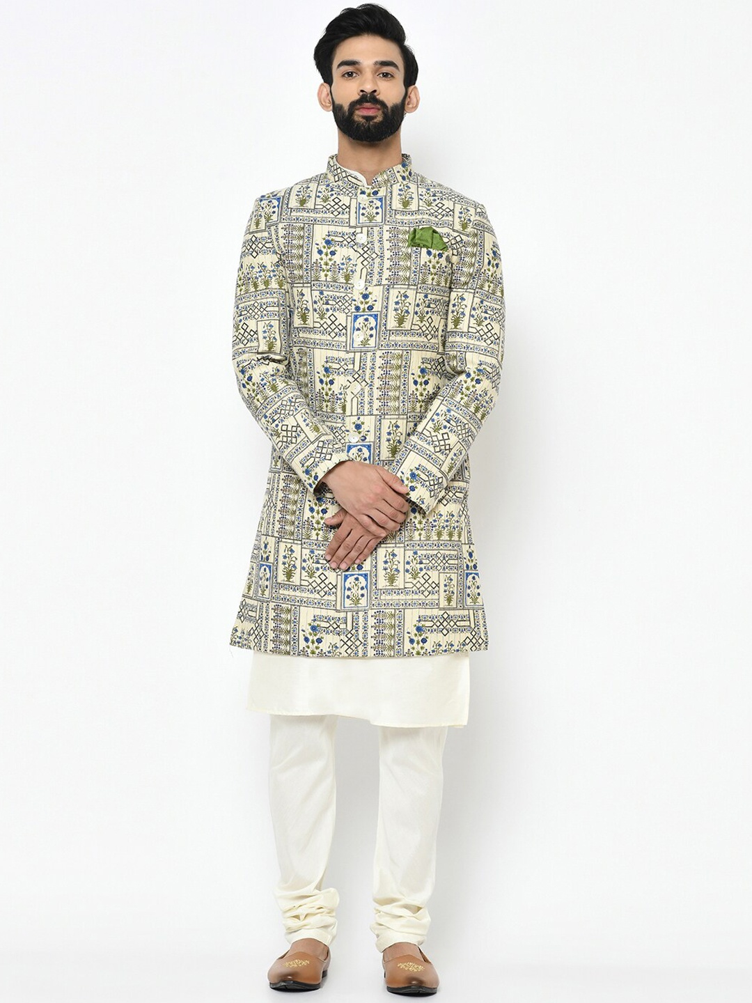 

KISAH Men Off-White & Blue Printed Sherwani Set