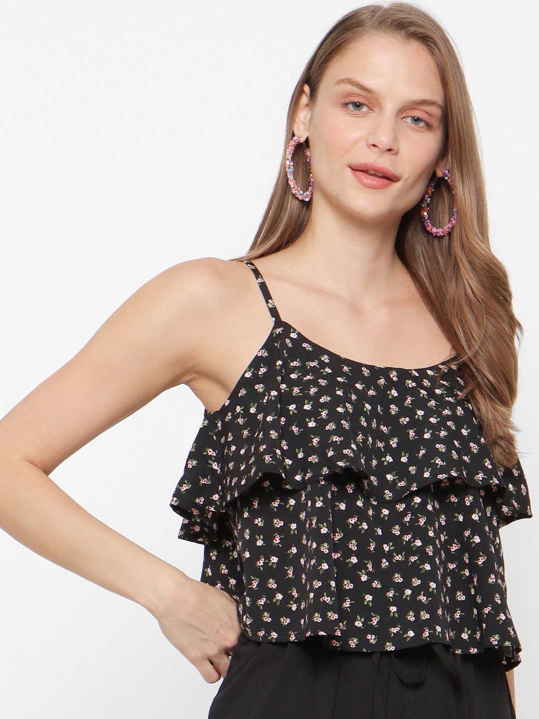 

FOREVER 21 Women Black Printed Tiered Top