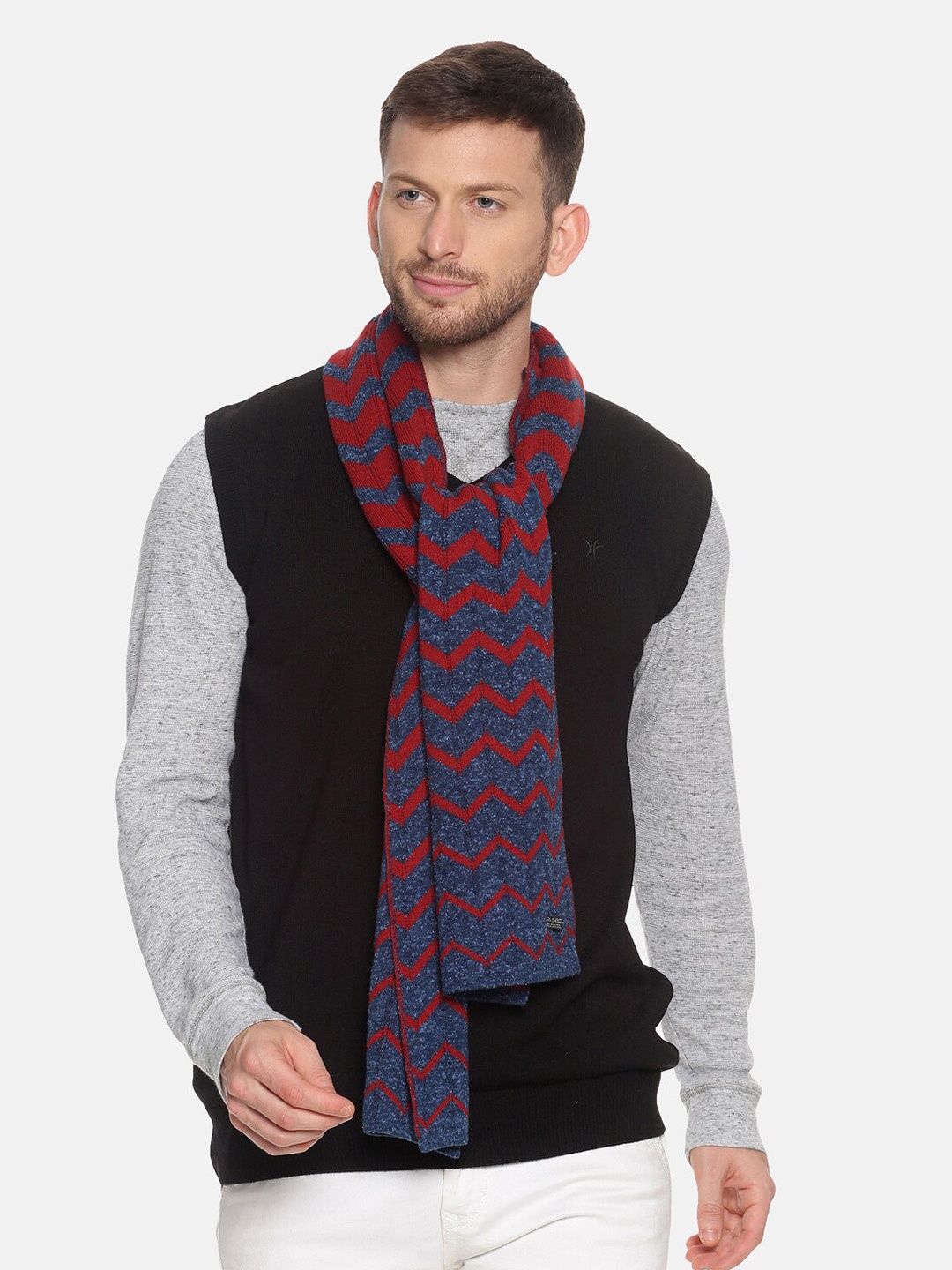 513 Men Beige & Red Woven Design Mufflers, Navy blue