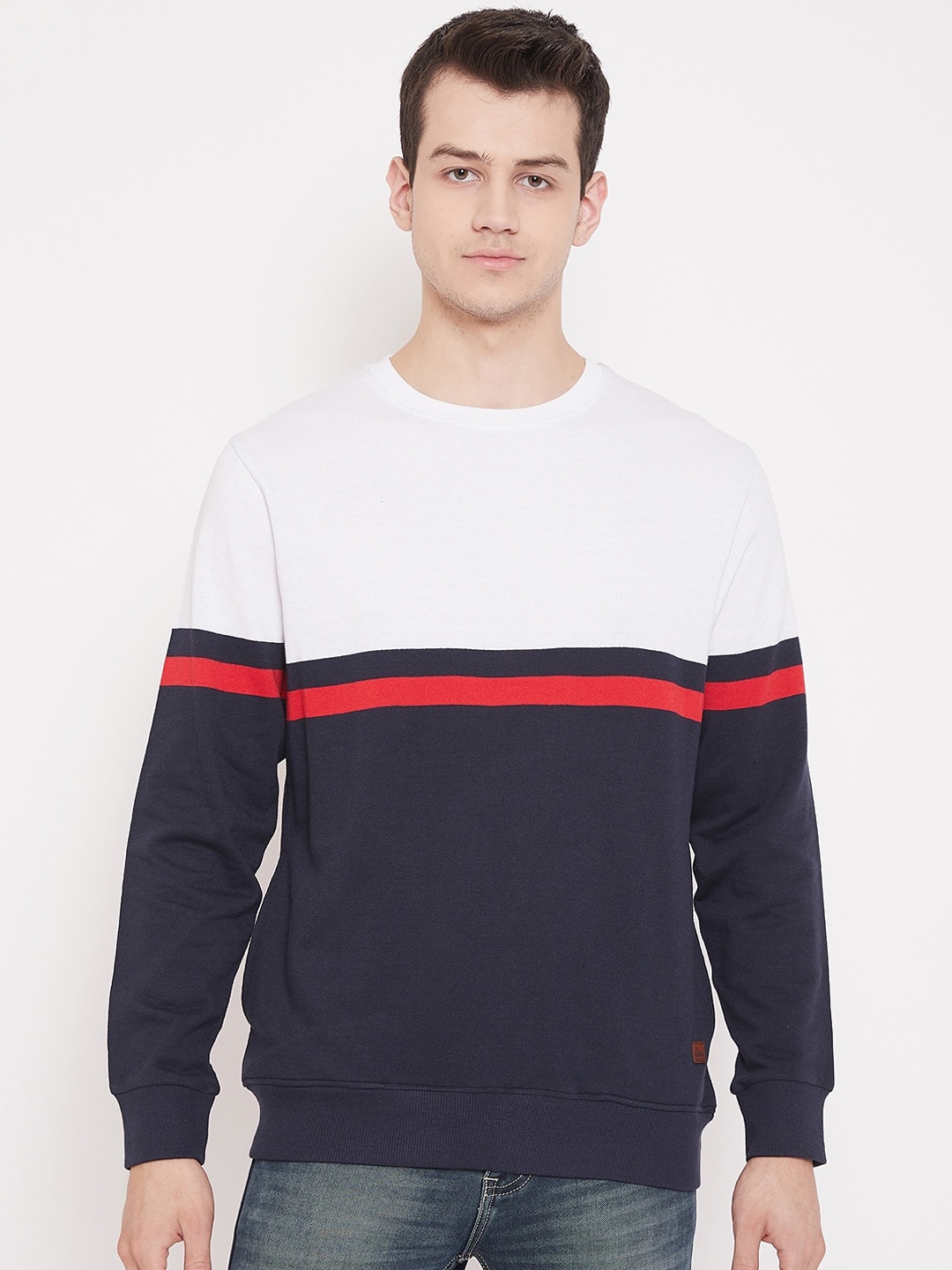 

Austin wood Men Navy Blue & White Colourblocked Sweatshirt