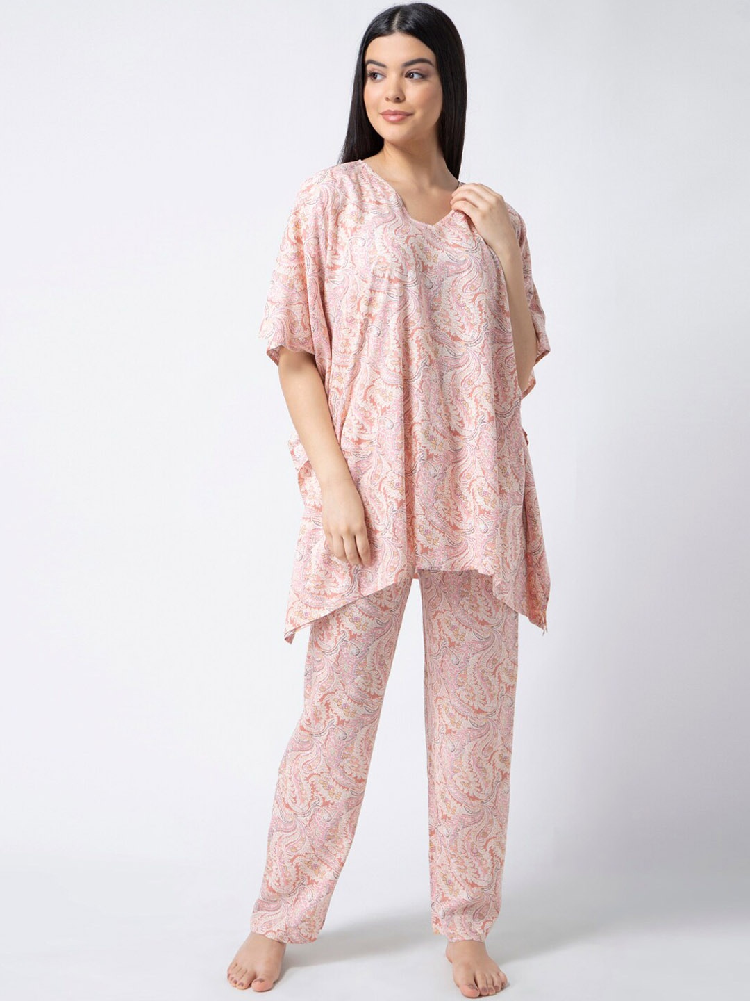 

ADORENITE Women White & Pink Printed Night Suit