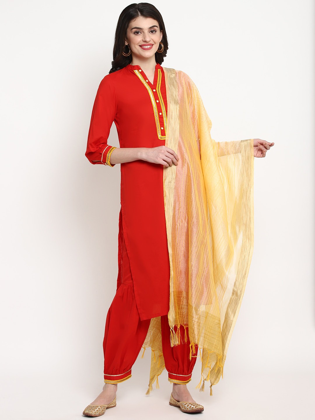 

Tulsattva Women Red & Gold-Toned Solid Kurta with Salwar & Dupatta