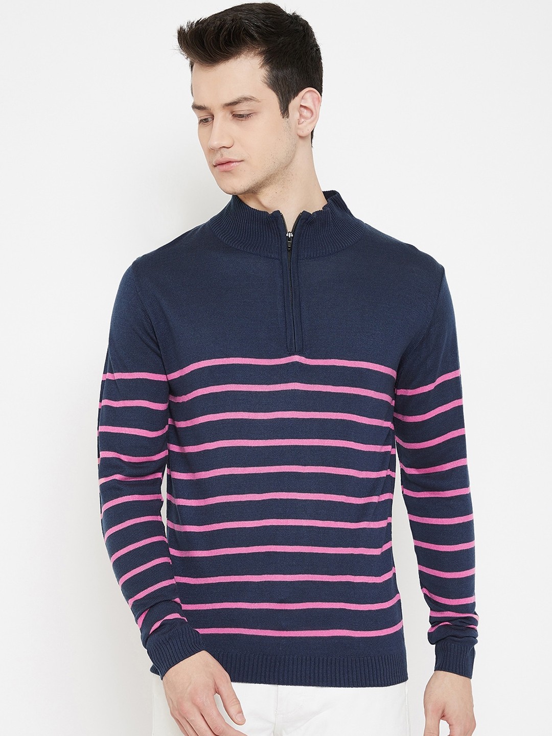 

JUMP USA Men Acrylic Navy Blue & Pink Striped Pullover Sweater