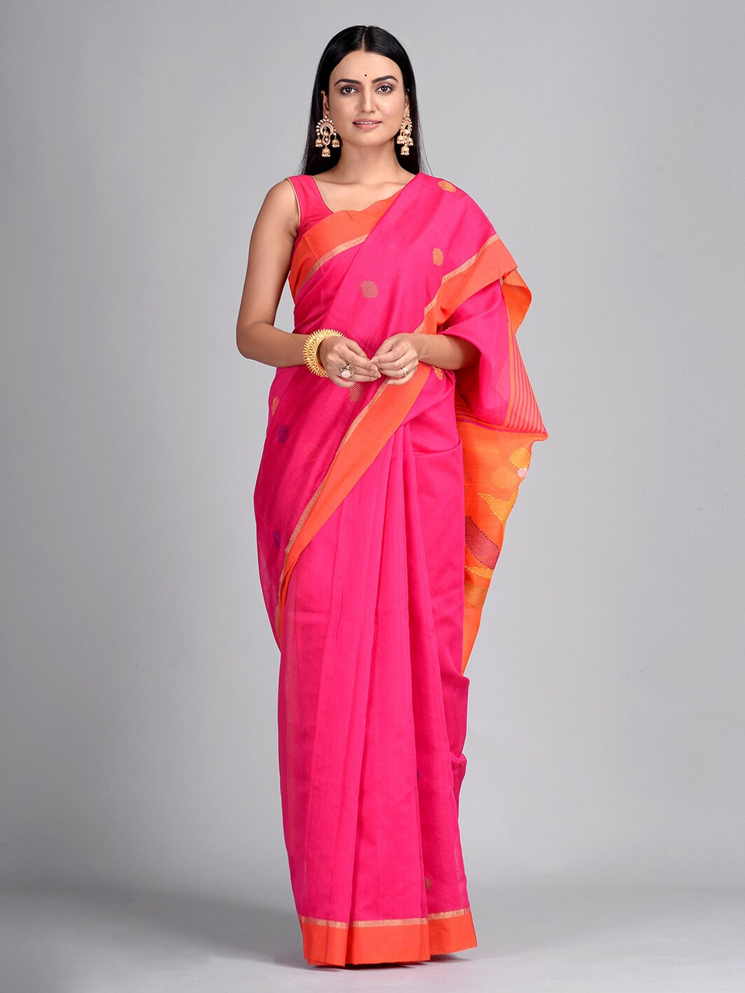 

Mitera Pink & Orange Cotton Blend Woven Design Taant Saree