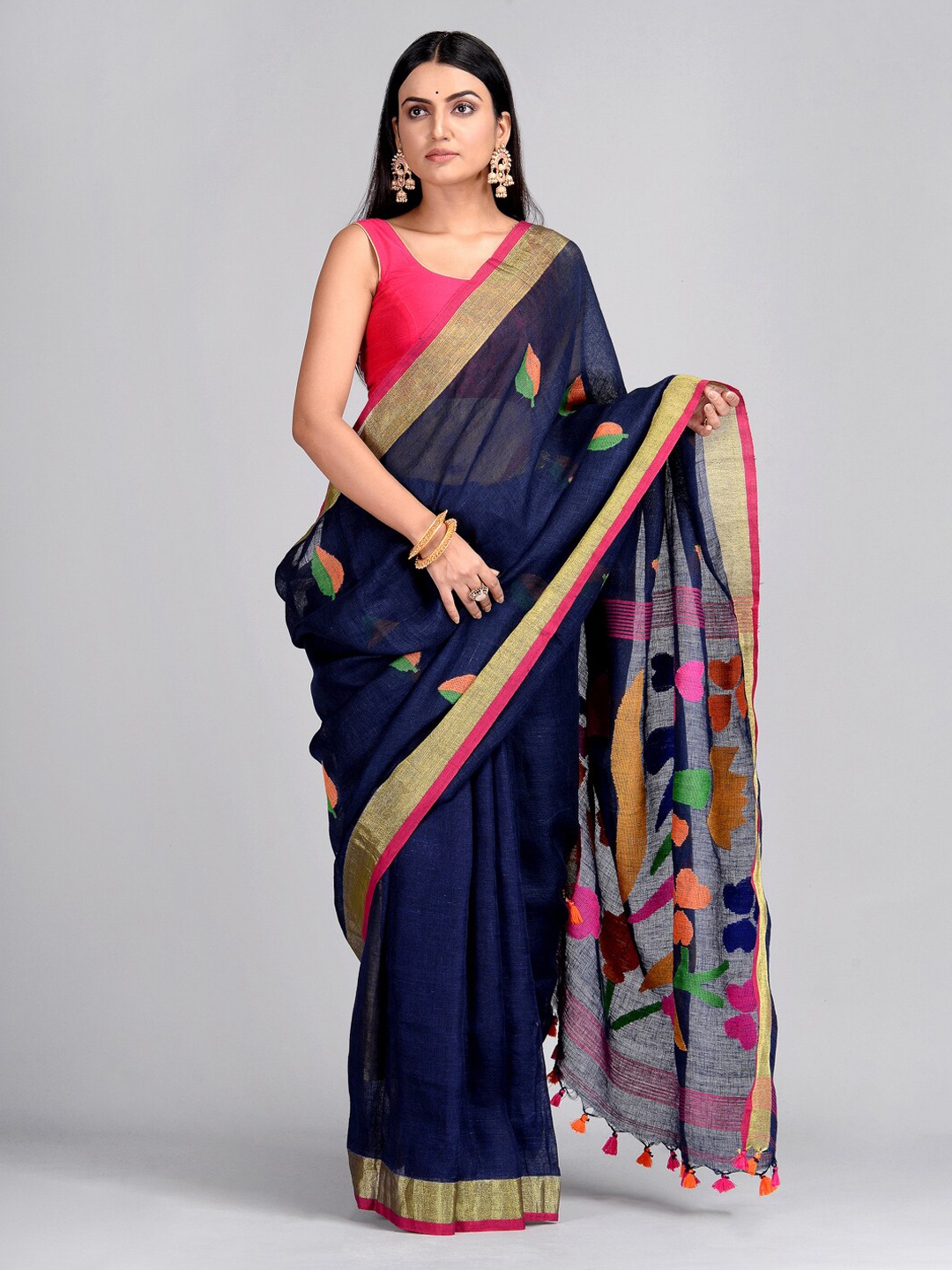 

Mitera Navy Blue & Gold-Toned Pure Linen Woven Design Taant Saree