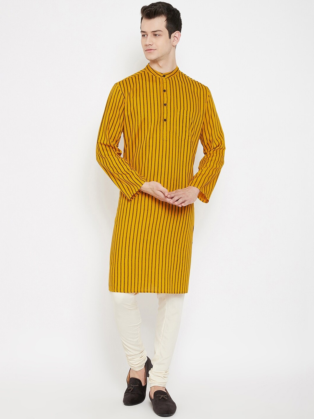 

even Men Yellow Striped Straight Kurta