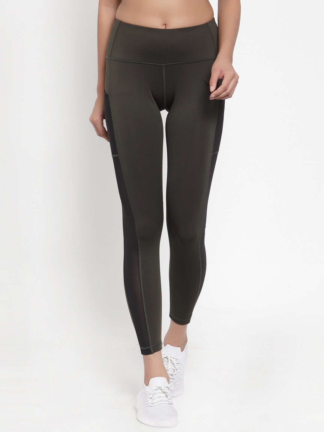 

Invincible Women Olive Green Solid Training Leggings with Phone Pocket