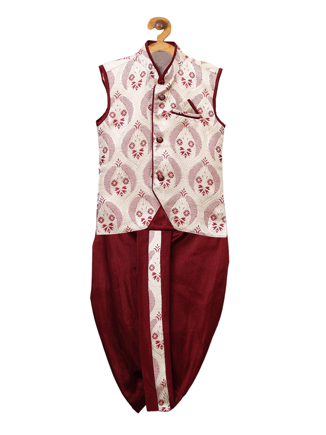 

Ridokidz Boys Cream-Coloured & Maroon Woven Design Kurta with Dhoti Pants