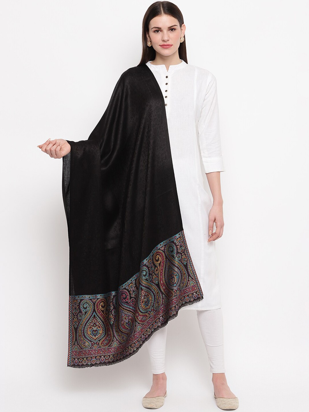 

Tossido Women Black Ethnic Motifs Woven Design Kashmiri Stole