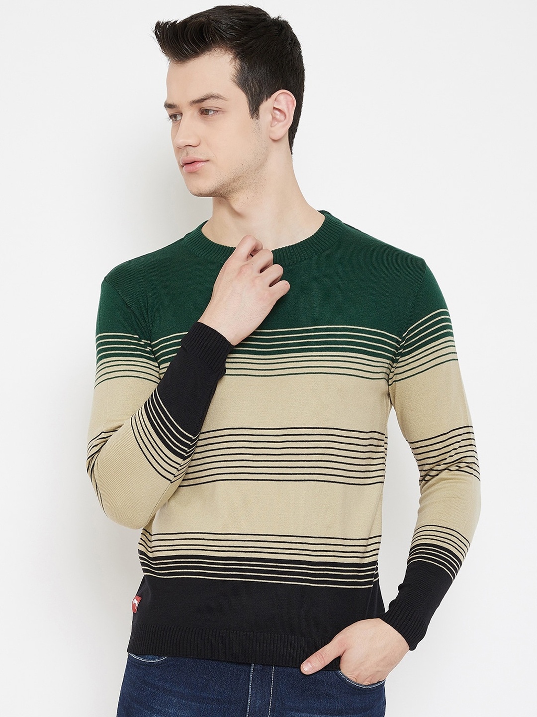 

JUMP USA Men Green & Beige Striped Acrylic Pullover Sweater