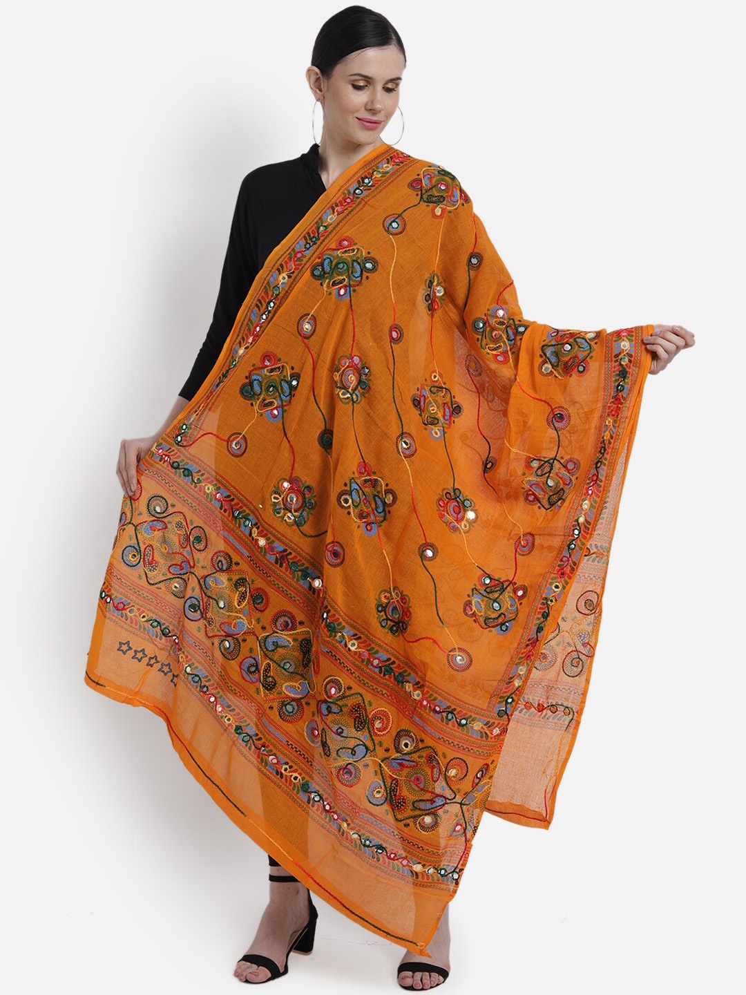 

Vastraa Fusion Women Mustard Yellow & Blue Embroidered Cotton Dupatta