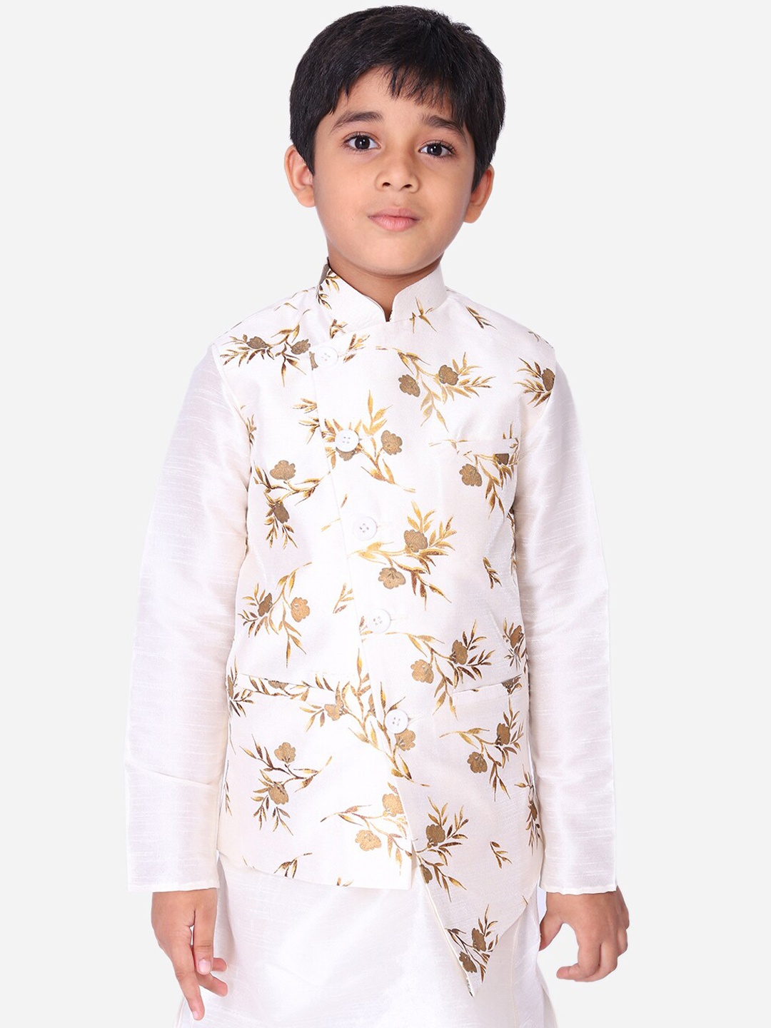 

NAMASKAR Boys White & Gold-Coloured Printed Silk Nehru Jacket