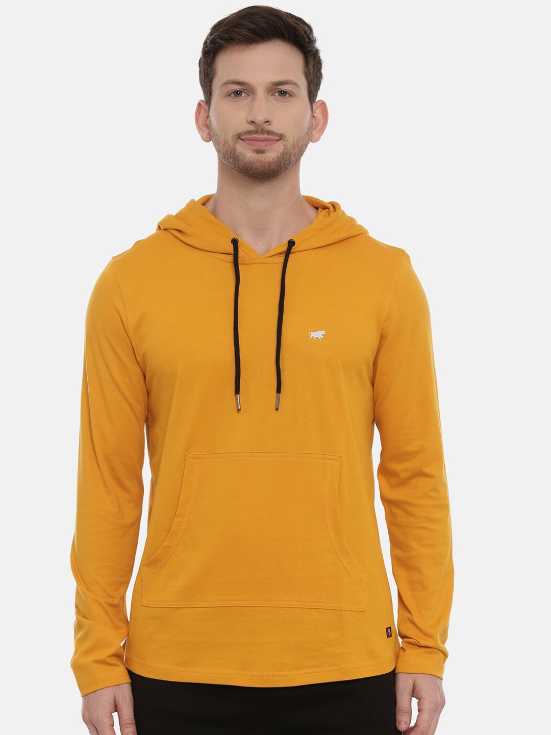 

Bushirt Men Mustard Yellow Solid Hooded T-shirt
