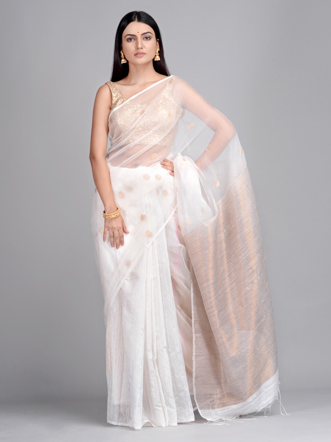 

Mitera White & Gold-Toned Pure Silk Woven Design Taant Saree