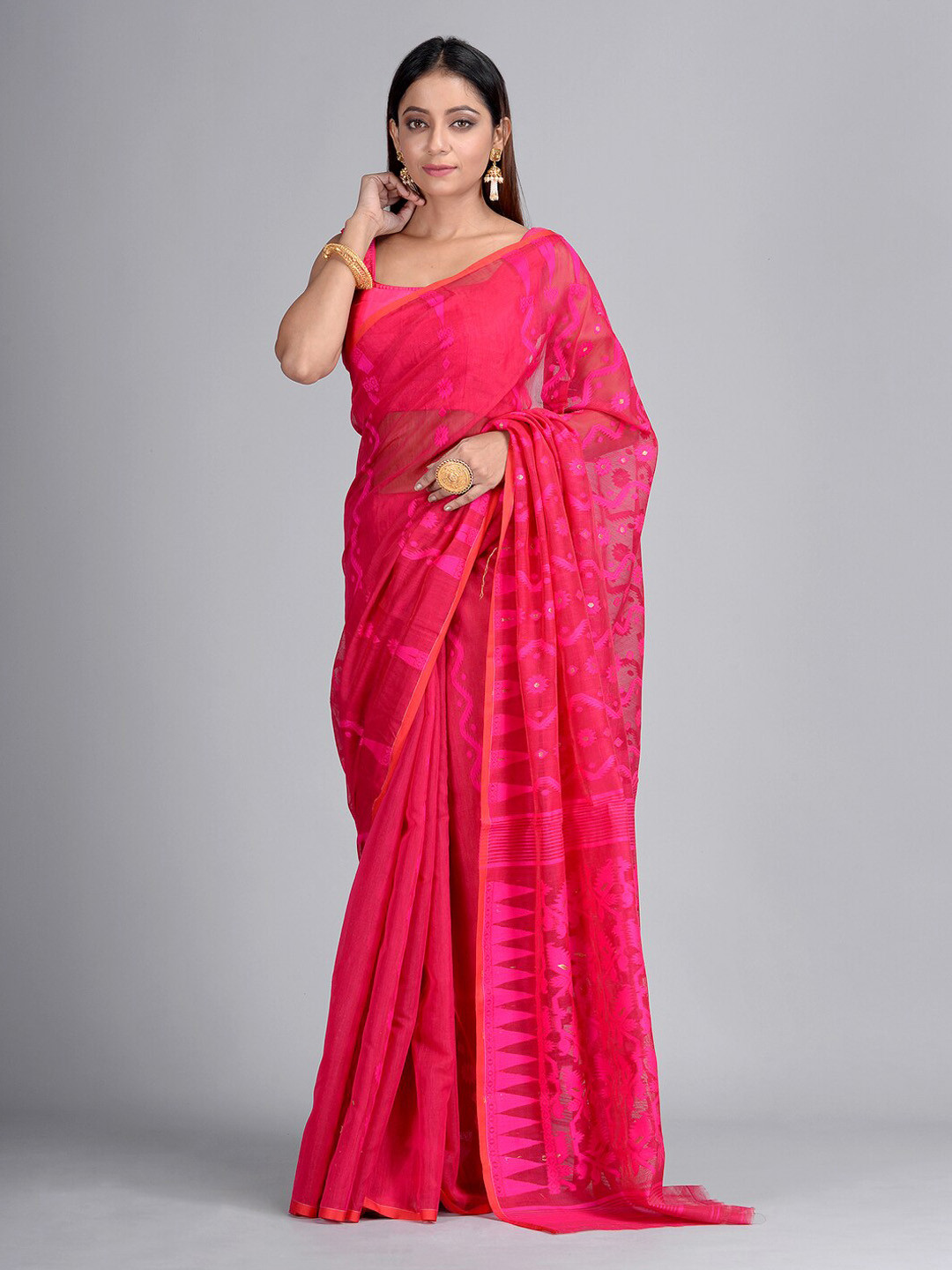 

Mitera Pink Silk Cotton Printed Jamdani Saree