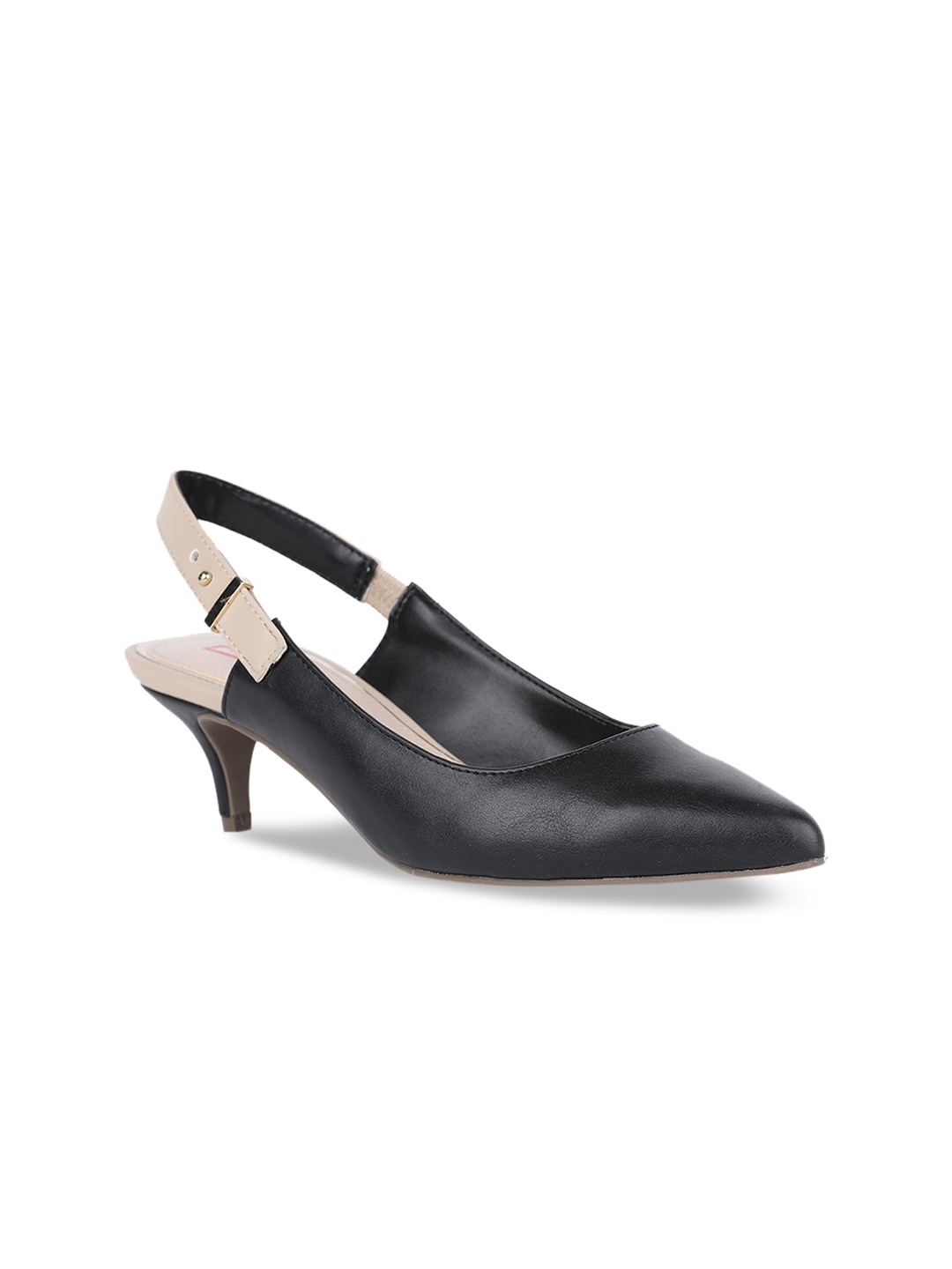 

Bata Women Black & Beige Solid Kitten Heeled Pumps