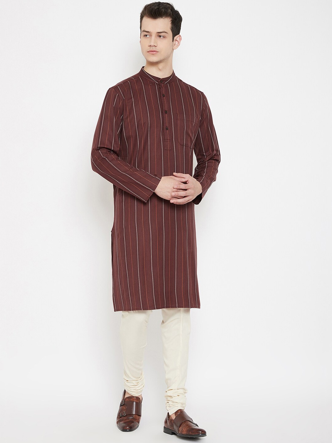 

even Men Maroon Striped Straight Kurta