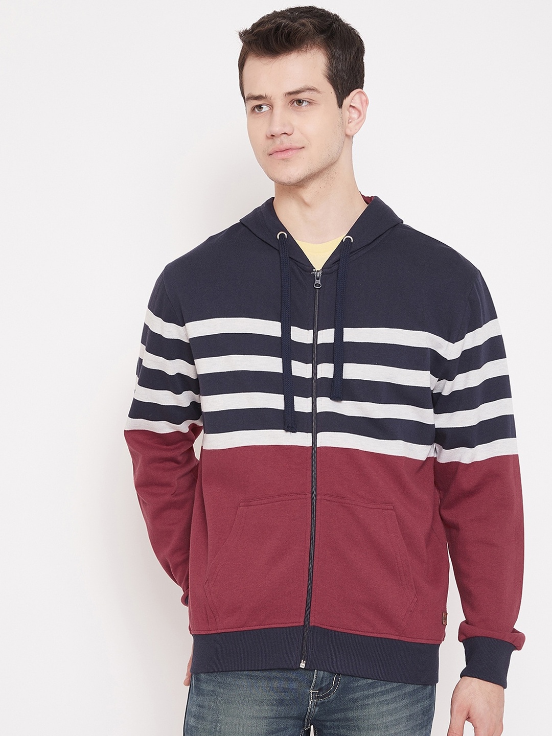 

Austin wood Men Maroon & Black Striped Hooded Sweatshirt
